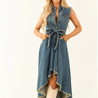 Sleeveless Denim Dress with Adjustable Waist