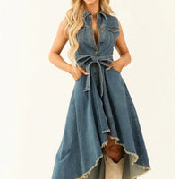 Sleeveless Denim Dress with Adjustable Waist