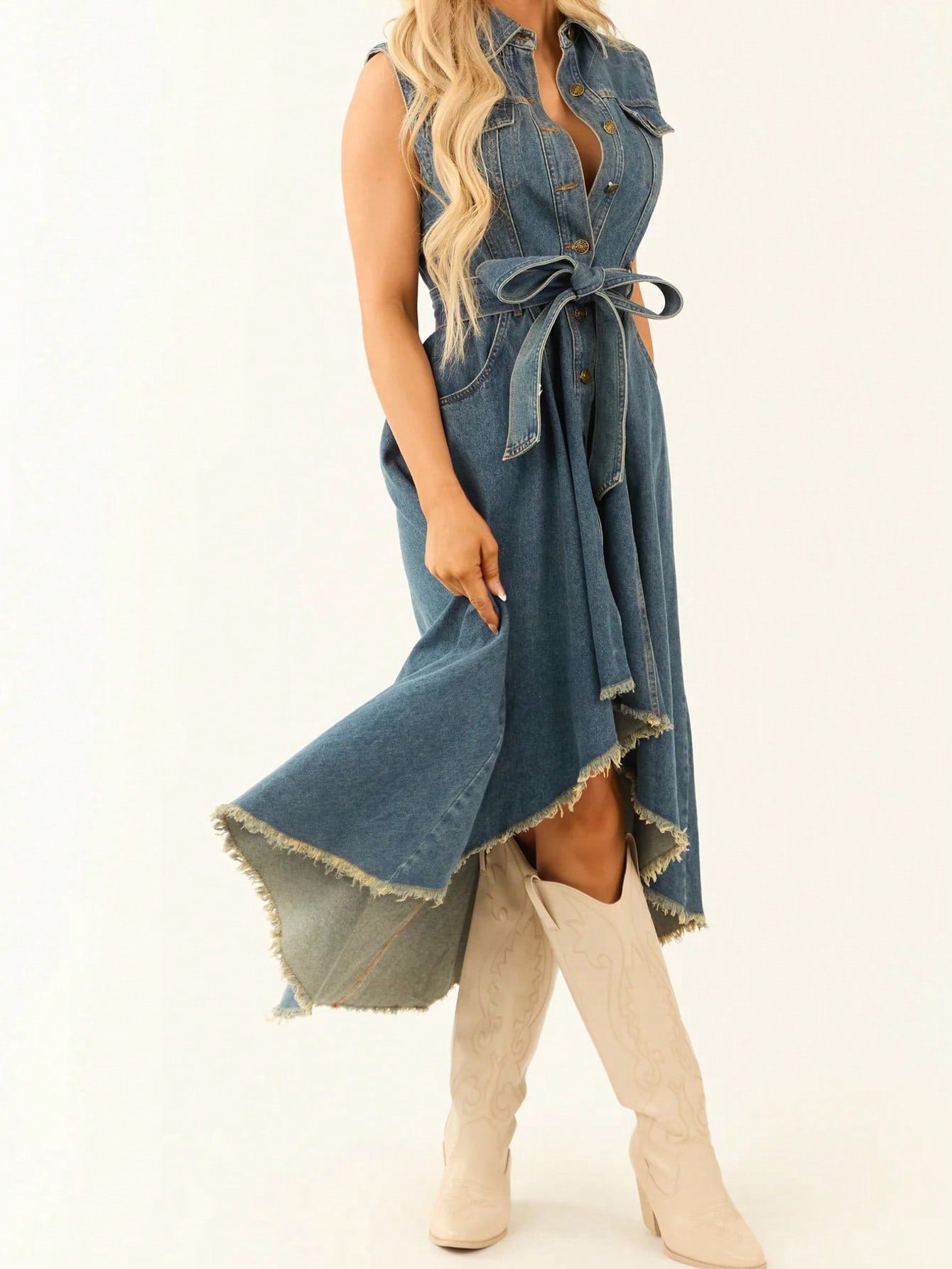 Sleeveless Denim Dress with Adjustable Waist